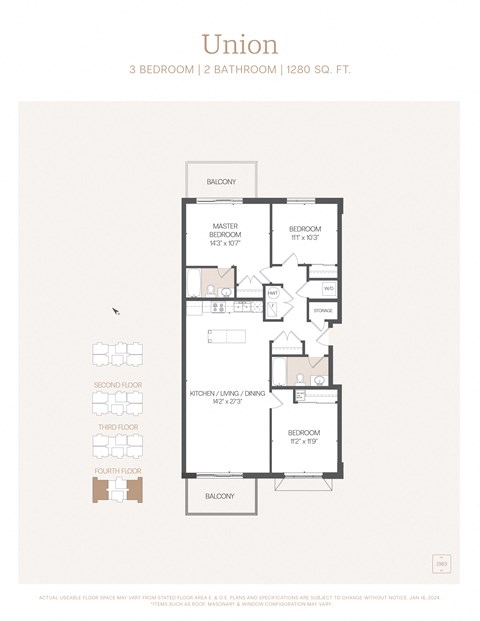 Floor plan for 3 beds, 2 baths, 1280 sqft